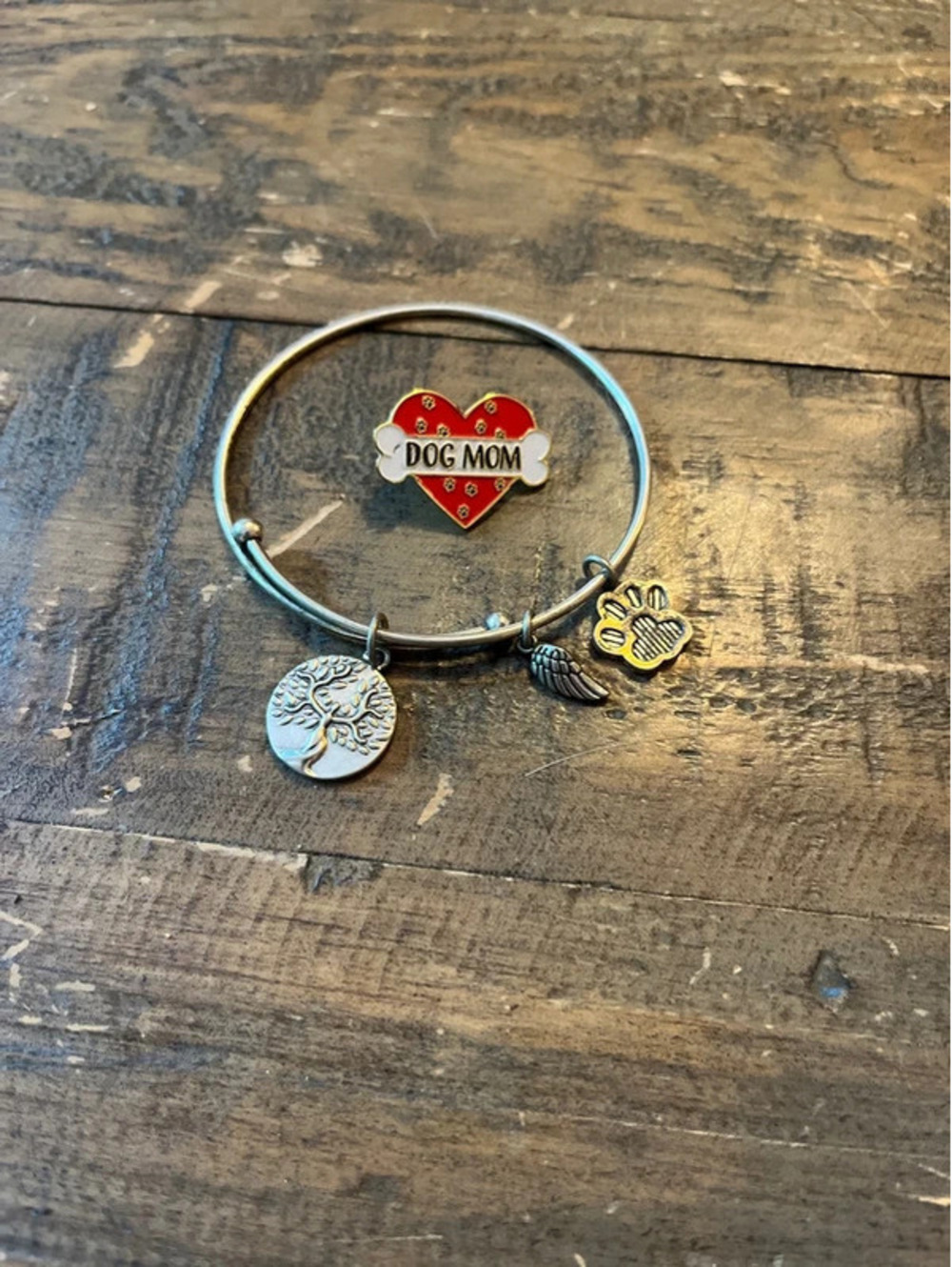 Dog Lover Jewelry Bundle: Earth Angel Expandable Bangle Bracelet & Dog Mom Pin